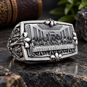 925 Sterling Silver Last Supper Ring, Gothic Signet Ring, Religious Art Ring, Men's Statement Ring, Vintage Baroque Jewelry, Medieval Gift