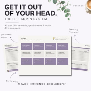 May include: A digital life admin system planner with 15 hyperlinked pages in a Goodnotes PDF format. The interface features a home dashboard with purple and white sections for bills, renewals, appointments, and to-dos, labeled with text.