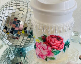Shabby Chic Cup Cozy – Cute Gift for Her, Coffee Lover Gift, Reusable Travel Cup Sleeve