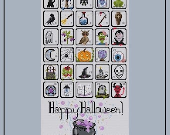 Pode incluir: Um padrão de ponto cruz com uma grade de trinta quadrados numerados com ícones de Halloween, incluindo um gato preto, morcego, abóbora e caveira. Abaixo, o texto Happy Halloween sobre um caldeirão preto com líquido roxo borbulhante.
