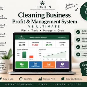 May include: A digital cleaning business profit and management system displayed on a laptop screen. The interface shows a dashboard with revenue, expenses, net profit, and profit margin data, alongside charts and navigation buttons for clients and scheduling.