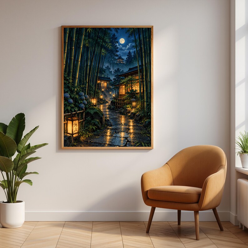 Japanese Bamboo Wall Art | Moonlit Kyoto Poster | Zen Forest Print