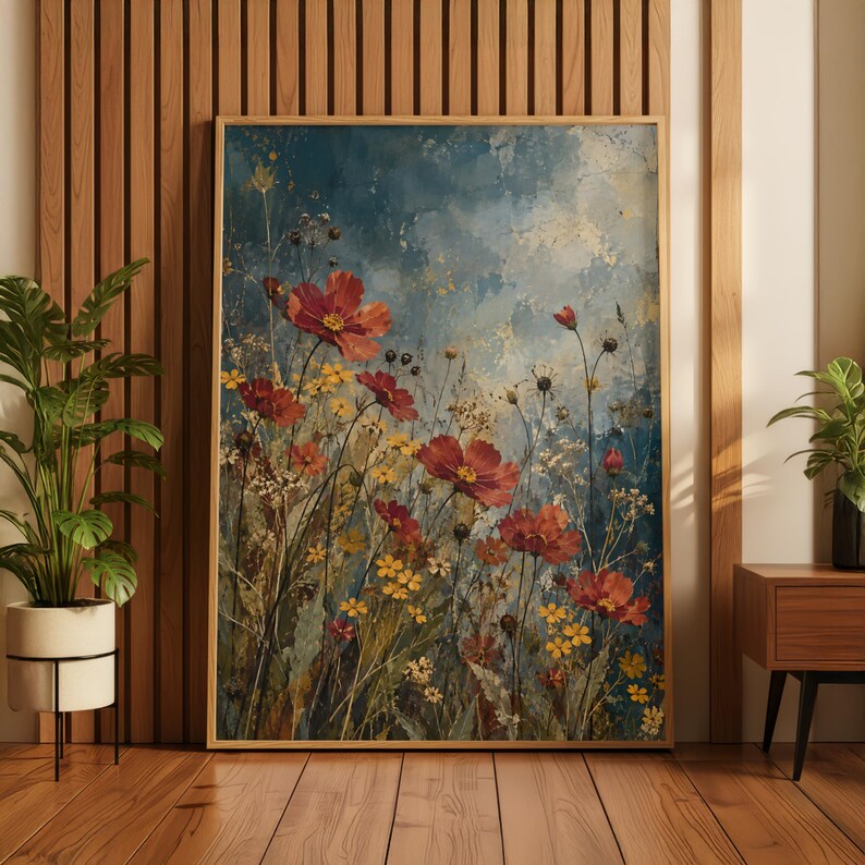 Dark Botanical Print | Red Cosmos Flower Poster | Moody Wildflower ...