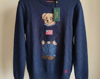 Navy Blue Bear Sweater by RL | Vintage Crewneck Jumper | Gift For Her & Him