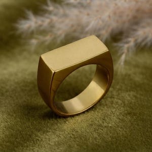 Può includere: Un anello a sigillo color oro caratterizzato da una superficie superiore rettangolare, piatta e liscia, e da una fascia solida e lucida. L'anello presenta una finitura opaca e un design geometrico pulito, con una struttura semplice e priva di decorazioni.