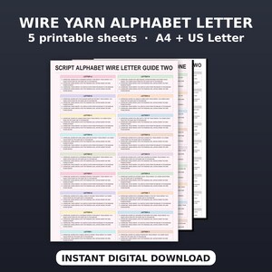 以下が含まれることがあります： WIRE YARN ALPHABET LETTERと題された5枚の印刷可能なシートセット。SCRIPT ALPHABET WIRE LETTER GUIDE TWOが記載されています。A4およびUSレターサイズの文字形成ガイドで、インスタントデジタルダウンロードとして提供されています。