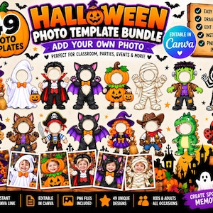 Peut inclure: Un ensemble de modèles photo Halloween comprenant 49 designs avec des personnages de dessins animés comme des sorcières, fantômes, vampires et monstres. Le graphique inclut le texte HALLOWEEN PHOTO TEMPLATE BUNDLE et EDITABLE IN CANVA.