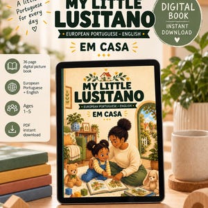 Könnte beinhalten: Ein digitales Tablet zeigt das Cover eines 36-seitigen Bilderbuchs für Kinder mit dem Titel My Little Lusitano, das eine Illustration eines Erwachsenen und eines Kindes beim gemeinsamen Lesen zeigt, mit Text in europäischem Portugiesisch und Englisch.