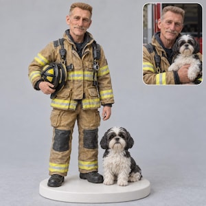 May include: A custom figurine of a firefighter wearing a tan turnout coat with yellow reflective stripes and black boots, holding a black and yellow helmet. Beside the firefighter stands a black and white Shih Tzu dog on a round base.