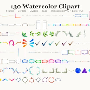 Può includere: Una collezione di 130 elementi clipart ad acquerello che include cornici, bordi, divisori e schede. Il set presenta varie forme, linee, frecce, fumetti e motivi botanici in più colori, presentati come file PNG trasparenti.