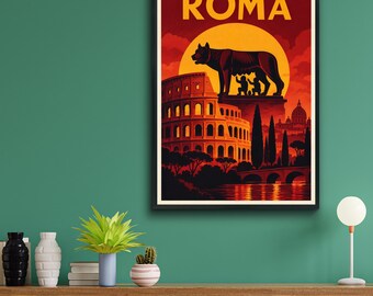 Może przedstawiać: Oprawiony plakat z napisem ROMA żółtymi literami u góry. Grafika przedstawia wilczycę kapitolińską karmiącą Romulusa i Remusa na tle dużego żółtego słońca, z Koloseum i mostem nad wodą na pierwszym planie.