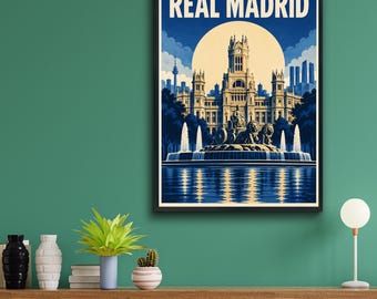 Może przedstawiać: Oprawiony plakat z napisem REAL MADRID białymi literami u góry. Ilustracja przedstawia pałac i fontannę Cibeles w Madrycie w Hiszpanii na tle dużego, bladożółtego księżyca, z niebieskimi odcieniami i odbiciami w wodzie.