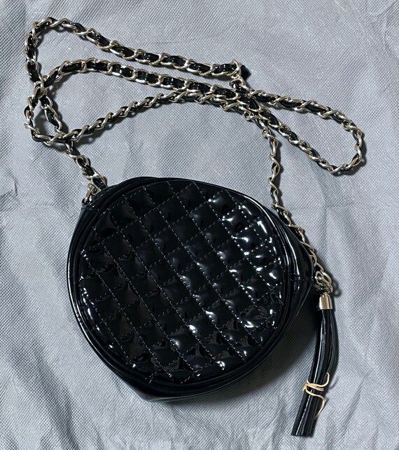 Black Quilted Patent Leather Round 'CC' Bag