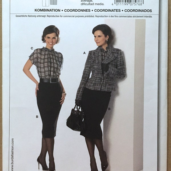 Burda 7576 3 piece suit with peplum jacket sewing pattern 10 12 14 16 18 20 UNCUT