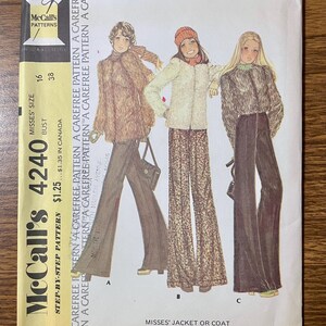 May include: A McCall's 4240 sewing pattern envelope for a jacket or coat. The front features illustrations of three outfits with faux fur jackets, flared trousers, and a beanie. Text includes 'McCall's 4240', 'Misses' Size 16', and 'Bust 38'.