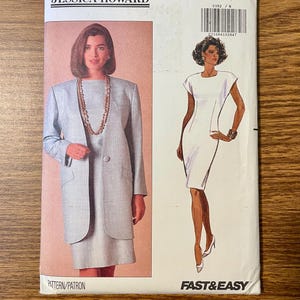 May include: A vintage Butterick sewing pattern featuring a Jessica Howard design. The pattern includes images of a light blue suit and a white dress. The text "FAST & EASY" is visible on the bottom right corner.
