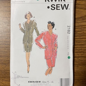 May include: A Kwik Sew pattern envelope 2182 for sizes 8-10-12-14-16. The front features illustrations of two suit styles: a solid olive green jacket and skirt set labeled A, and a pink patterned jacket and skirt set labeled B with pockets.