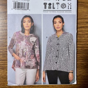 May include: Vogue Patterns Designer Original sewing pattern V9244. The pattern features two jacket designs. One jacket has a floral print, and the other has black and white stripes. The pattern includes sizes 14-22.