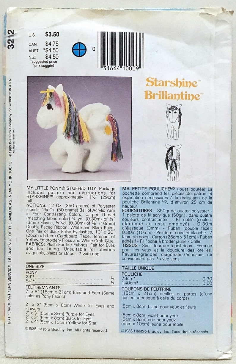Butterick 3212 My Little Pony Starshine sewing pattern stuffed horse UNCUT