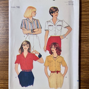 May include: Butterick 4224 sewing pattern envelope for size 16, featuring illustrations of four different short-sleeved button-down shirts. The designs include a multi-colored striped shirt, a white shirt, a red shirt, and a tan shirt with pockets.