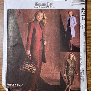 May include: A McCall's 4214 sewing pattern envelope featuring the Woman's Day Collection. The front displays three variations of a jacket and skirt or dress ensemble, including a long red coat, a light blue coat, and a patterned gold jacket.
