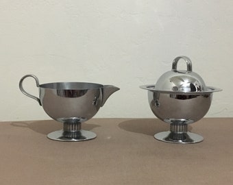 Art deco 1950's metal sugar bowl and creamer