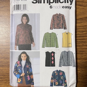 May include: A Simplicity 4826 sewing pattern envelope for jackets and vests. The front displays illustrations of six garment variations labeled A through F, including floral prints, solid colors, and button closures, alongside two photographs of models.