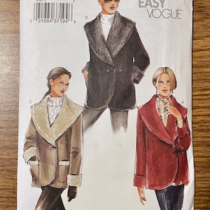 May include: A Very Easy Vogue sewing pattern envelope 7806 for sizes L and XL. The front displays illustrations of three jacket variations: a dark gray jacket with a wide collar, a tan jacket with a light-colored trim, and a red jacket with a toggle closure.