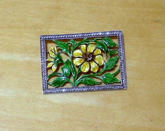 Marcasite and enamel sterling silver pin with yellow flower