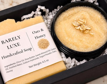 Jabón de avena y miel para piel sensible, exfoliante y jabón, pequeño regalo para mujer, set de baño, kit de spa esencial para el baño, caja de mimos para amigas