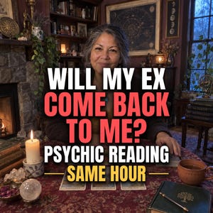 May include: A psychic reading service advertisement featuring the text WILL MY EX COME BACK TO ME? PSYCHIC READING SAME HOUR. The image displays a person behind a table with a lit candle, a crystal ball, tarot cards, and a journal with a tree emblem.