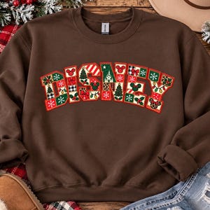 Disney faux patchwork Sweatshirt, Cartoon Vintage shirt, Christmas Crewneck, Holiday Graphic Pullover, Festive Christmas Sweater,