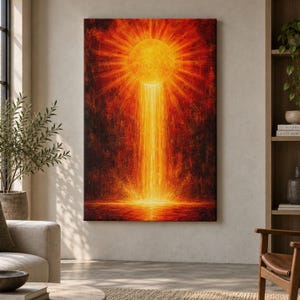 May include: A rectangular wall art piece featuring a vibrant yellow sun centered at the top, emitting bright rays of light that cascade downward like a waterfall into a glowing, textured pool of deep orange and dark red paint.