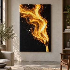 May include: A rectangular wall art print featuring a single wooden matchstick ignited at the tip. Bright yellow and orange flames rise upward in a swirling, fluid motion against a solid black background, with glowing embers scattered throughout.