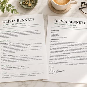 May include: Two white sheets of paper featuring a professional resume and a matching cover letter for Olivia Bennett, Marketing Manager. The documents include contact details, professional summary, experience, education, and skills sections.