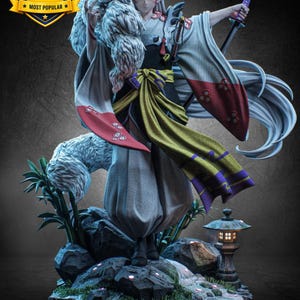 May include: A detailed anime-style figurine of a character with long white hair, wearing a white and red kimono with a yellow sash, holding a purple-hilted sword. The figure stands on a rocky base with a small stone lantern and flowing water.