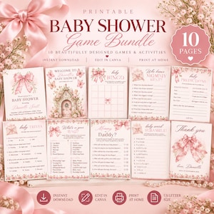 Zestaw na baby shower z różową kokardką i kwiatowymi motywami, 10 edytowalnych szablonów Canva (do pobrania w wersji cyfrowej)