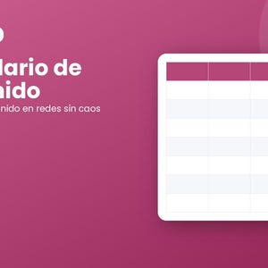 Könnte beinhalten: Eine digitale Inhaltskalender-Vorlage für Excel auf einem magentafarbenen Hintergrund. Die Grafik zeigt den Text PLANTILLA EXCEL, Calendario de Contenido und Planifica tu contenido en redes sin caos sowie eine weiße Rastertabelle.