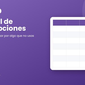 Puede incluir: Una plantilla digital de Excel para el control de suscripciones sobre un fondo morado. El texto dice PLANTILLA EXCEL, Control de Suscripciones, No vuelvas a pagar por algo que no usas y Desde 6€. A la derecha se muestra una tabla de cuadrícula blanca.