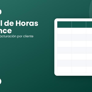 Könnte beinhalten: Eine Excel-Tabellenvorlage zur Zeiterfassung für Freiberufler auf dunkelgrünem Hintergrund. Der Text lautet PLANTILLA EXCEL, Control de Horas Freelance und Calcula horas y facturación por cliente. Rechts ist eine weiße Rastertabelle abgebildet.
