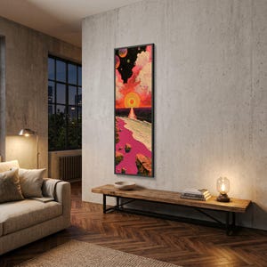 Vibrant Cosmic Sunset Canvas, Surreal Beach Landscape, Outer Space Wall Art, Colorful Sky and Ocean Canvas, Modern Home Decor