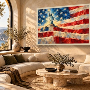 May include: A rectangular wall art print featuring an impressionistic painting of the Statue of Liberty standing atop a base integrated into a large American flag, with numerous small figures walking along the flag's red and white stripes.