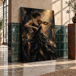 May include: A rectangular wall art print featuring an oil painting of a musician in a black dress playing a wooden violin. The artwork uses a dark color palette with deep blue, black, and gold highlights, depicting a dramatic scene with light.