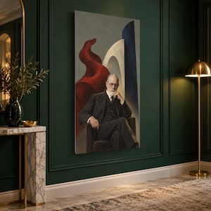 May include: A rectangular wall art print featuring a portrait of a man with a beard and glasses, wearing a dark suit and sitting in a chair. The background includes abstract shapes in red, white, and blue, set against a dark green wall.