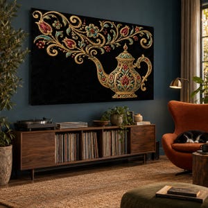 May include: A rectangular wall art piece featuring a black background with a gold, red, and teal ornate teapot. Intricate floral and vine patterns emerge from the teapot spout, spreading across the upper left portion of the canvas in gold.
