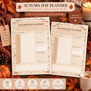 Puede incluir: Dos hojas de papelería Autumn Day Planner con fondo beige y bordes de hojas otoñales. El planificador incluye secciones para horario, prioridades, enfoque, citas y notas. El texto incluye A4 + US LETTER INCLUDED.