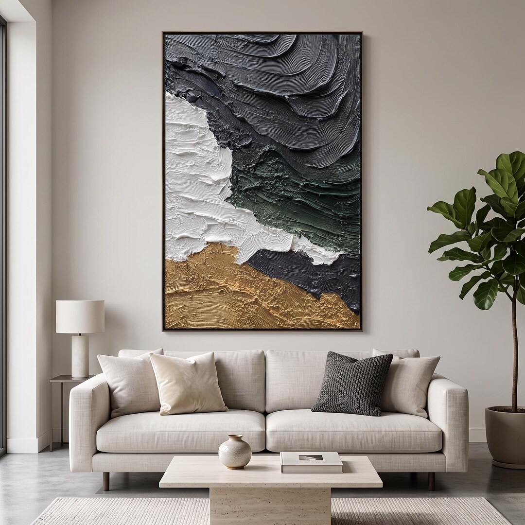 Black White Green Coastal Textured Oil Painting, Abstract Impasto Wall ...