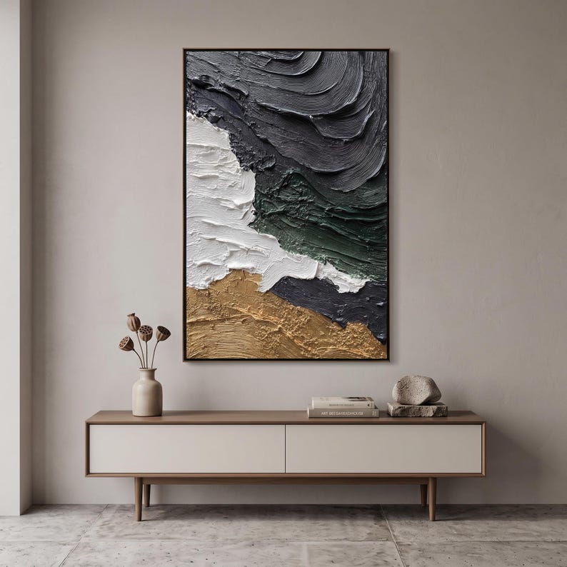 Black White Green Coastal Textured Oil Painting, Abstract Impasto Wall ...
