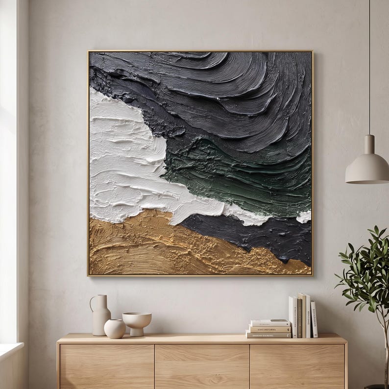 Black White Green Coastal Textured Oil Painting, Abstract Impasto Wall ...