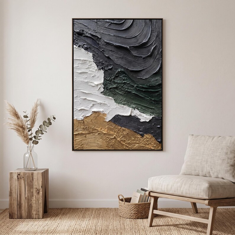 Black White Green Coastal Textured Oil Painting, Abstract Impasto Wall ...